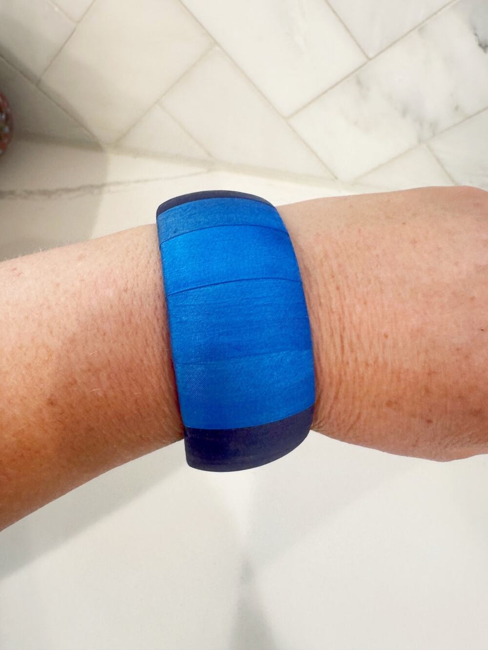 Vintage Hand painted Silk Bangle Bracelet |Blue Green Color Block Wide Bracelet